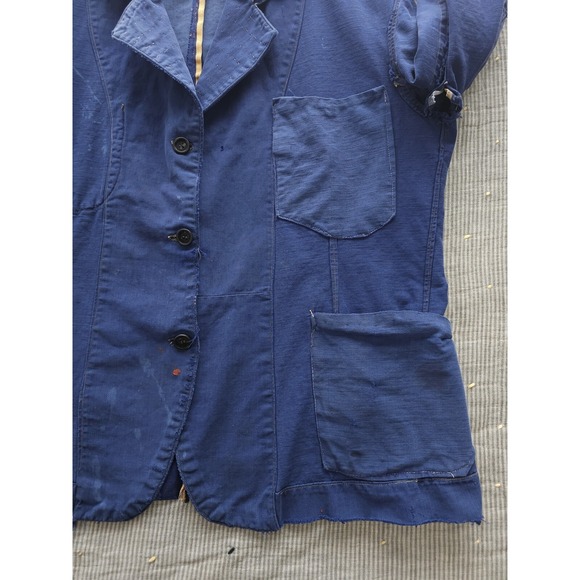Vintage 1930s 40s French Indigo Moleskin Repaired Blue Work Jacket Women's XL - Picture 4 of 14